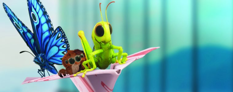 A blue butterfly, brown beetle and green grasshopper ride a pink paper plane against a blurred Hong Kong cityscape.