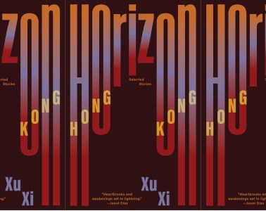 A dark red book cover repeats the title Rizom Rising Stories, with vertical lettering and Xu Xi named at the base.